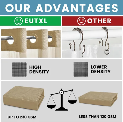 Miniatura 2 de EUTXL Cortina de ducha beige sin gancho con forro a presión, cortinas de ducha de tejido gofre de 230 GSM para baño, 54 pulgadas de ancho x 80