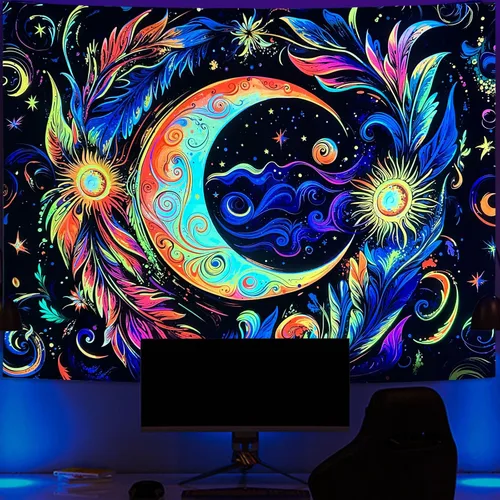 Miniatura 15 de Spenlife Blacklight - Fantástico tapiz de gato negro, tapiz de pared de gato reactivo que brilla con rayos UV para decoración de habitación, tapiz