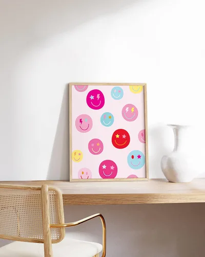 Miniatura 5 de HAUS AND HUES Póster de cara sonriente, pósteres de pared de color rosa para habitación, pósteres estéticos para adolescentes, niñas, pinturas