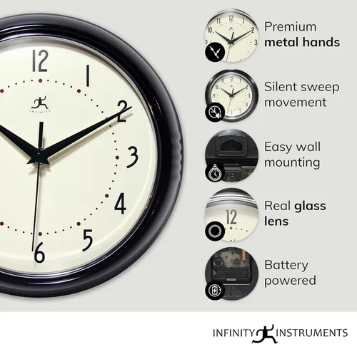 Miniatura 4 de Infinity Instruments Reloj de pared retro de 9 pulgadas, barrido silencioso, sin tictac, moderno, de mediados de siglo, para cocina, comedor