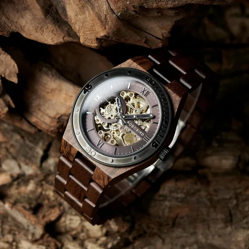 Miniatura 5 de BOBO BIRD Relojes de madera para hombre, reloj mecánico de esqueleto, relojes de pulsera ligeros de lujo con correa de madera natural de colección