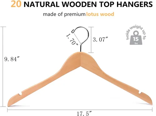 Miniatura 2 de Amber Home Paquete de 20 perchas de madera natural para camisas, perchas de madera de primera calidad sin barra, perchas para chaquetas, novias
