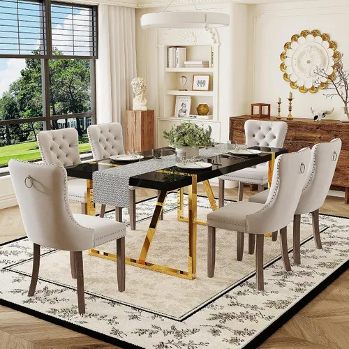 Miniatura 34 de Juego de mesa de comedor negra para 4, parte superior negra brillante de 55 pulgadas con patas de metal dorado, juego de mesa de comedor moderno
