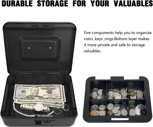 Miniatura 4 de Caja de efectivo de acero seguro con cerradura de combinación y bandeja extraíble, organizador de dinero de metal para uso doméstico y oficina Negro