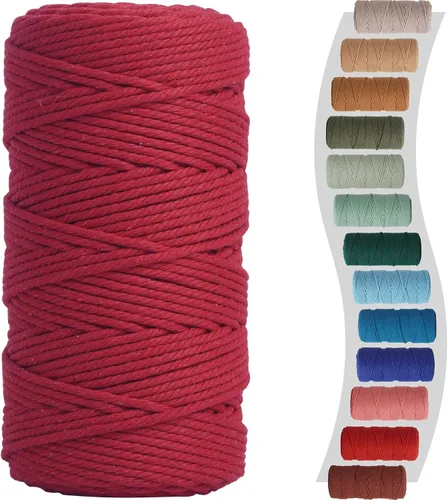 Cordón de macramé de 3 mm, 220 yardas (200 metros) rojo, suministros de macramé, hilo de macramé, cuerda de algodón colorida, cordón colorido para