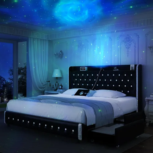 Marco de cama LED Queen negro con 4 cajones, marco de cama tapizado con respaldo alado, no necesita somier, soporte de listones de madera, negro PU