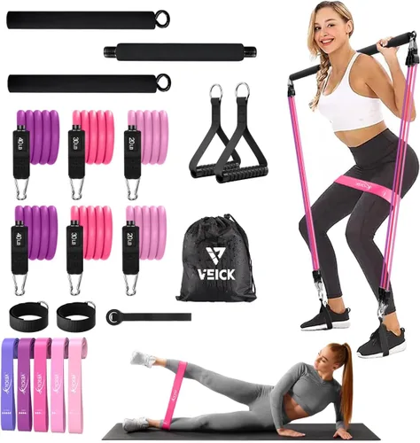 VEICK Pilates Bar Kit with Resistance Bands, Elastic Workout Bands for Men Women, Set of 5 Resistance Loop Bands for Home Fitness Stretching Púrpura