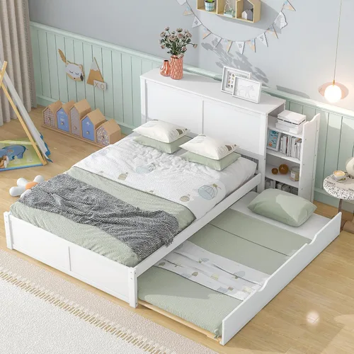 Miniatura 31 de Cama de plataforma tapizada de tamaño matrimonial con nido, cama con plataforma tapizada de vellón de peluche con soporte de listones de madera