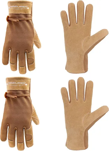 HANDLANDY HLDD Work Gloves for Women and Ladies, Leather Gardening Gloves Flexible Mechanic Working Gloves Marrón-2 pares