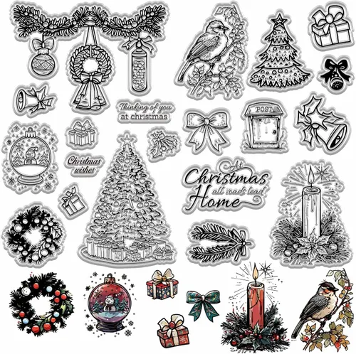 Miniatura 17 de CRASPIRE Sellos de goma transparente de Navidad para casa de invierno, bosque, copo de nieve, alce, muñeco de nieve, trineo, sellos de silicona