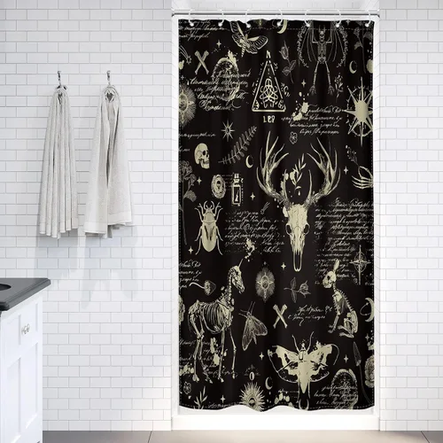 Miniatura 2 de Black Gothic Small Stall Shower Curtain 36Wx72H RV Spooky Skull Skeleton Spooky Funny Animal Western Moth Moon Bone Mystic Leaves Bathroom Decor