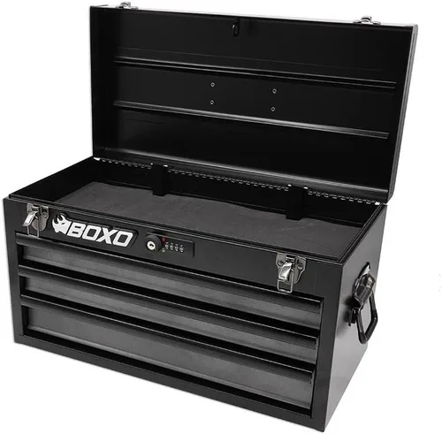Miniatura 3 de Boxo USA Caja de herramientas de acero resistente de 3 cajones - Organizador de caja de herramientas portátil de transporte manual con deslizadores