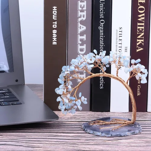 Miniatura 5 de SUNYIK Árbol de dinero de aguamarina curativa, árbol bonsái de cristal Fengnshui hecho a mano con base de ágata para suerte de riqueza, decoración