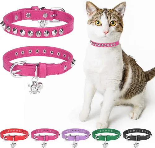 Miniatura 12 de Collares de cuero DILLYBUD para gatos macho y hembra con campana y cinturón elástico de seguridad, collar ajustable con hebilla de seguridad