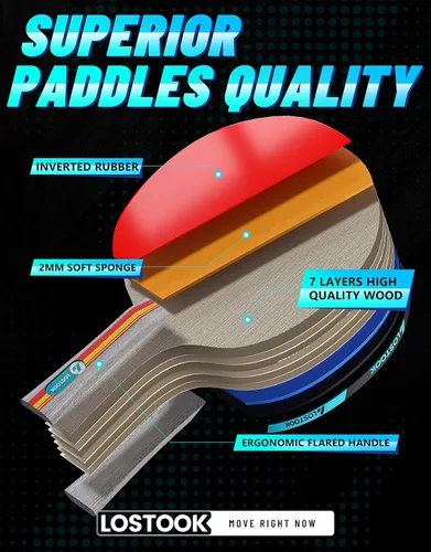 Miniatura 2 de Juego de 2/4 palas de ping pong profesionales de color negro con raquetas de tenis de mesa y 3 bolas de estrella, red de mesa de ping pong portátil