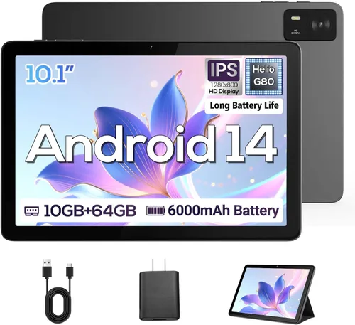 DigiLand Tablet 2025, tableta Android de 10.1 pulgadas con procesador Octa-core 10 GB de RAM 64 GB ROM HD IPS pantalla táctil, 6000 mAh, BT 5.0,