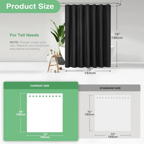 Miniatura 3 de Dynamene Cortina de ducha larga de tela negra – Cortinas de ducha de tela alta y resistente con textura de gofre, juego de cortina de baño de lujo