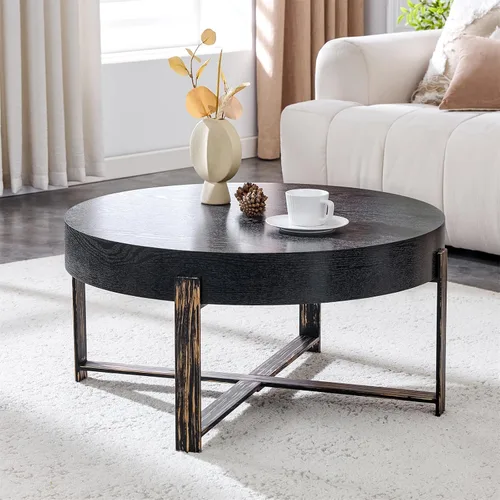 Miniatura 10 de LKTART Mesa de centro para sala de estar, mesas de centro redondas de madera con almacenamiento, mesa de té moderna de centro de metal para Marrón