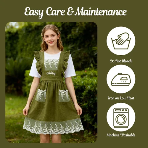 Miniatura 4 de Delantal vintage para mujer con bolsillos, delantales de chef personalizados con nombre para cocina, cocción, hornear, jardinería encaje verde