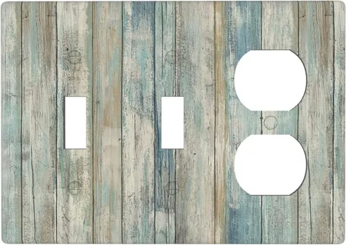 Miniatura 115 de Placa de pared dúplex de receptáculo de dispositivo de 1 gang de madera envejecida blanca gris con veta de tablón, cubierta de enchufe eléctrico