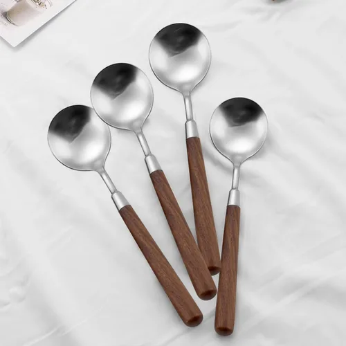 Miniatura 5 de Ouliget Cuchara de mango de madera retro, cucharadas de servir de acero inoxidable, cuchara de madera, cubiertos plateados con mango marrón, 4