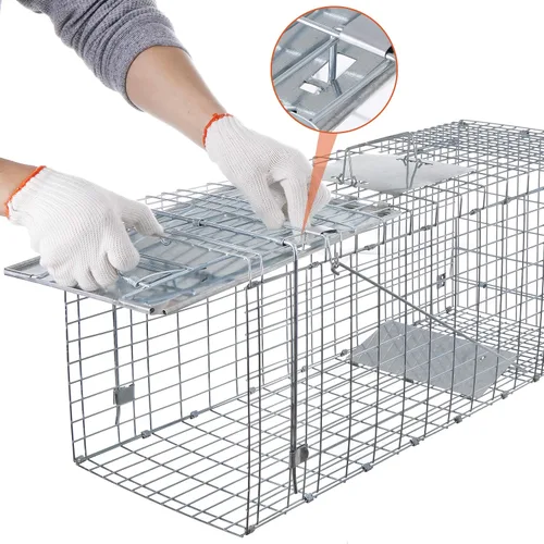 Miniatura 5 de ANT MARCH Trampa de jaula de animales vivos de 32 x 11.5 x 13 pulgadas, puerta de hierro de liberación humana para conejos, gatos callejeros
