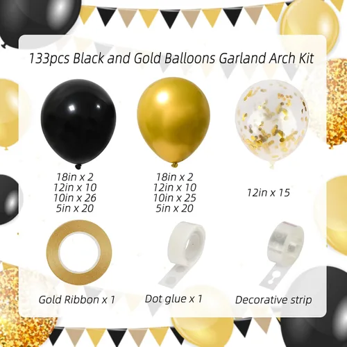 Miniatura 2 de RUBFAC Globos negros y dorados, decoraciones de graduación 2026, 130 piezas de globos de confeti de metal negro dorado y metálico, kit de arco
