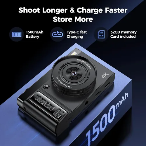 Miniatura 5 de Cámara digital 4K para fotografía - Cámaras de 64MP para video - Cámara compacta de pantalla abatible de 180° - Cámara fotográfica con zoom de 16X