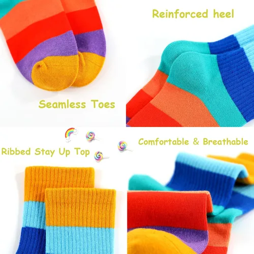 Miniatura 5 de Calcetines de algodón sin costuras para niñas, calcetines casuales para la escuela, con rayas arco iris, paquete de 5