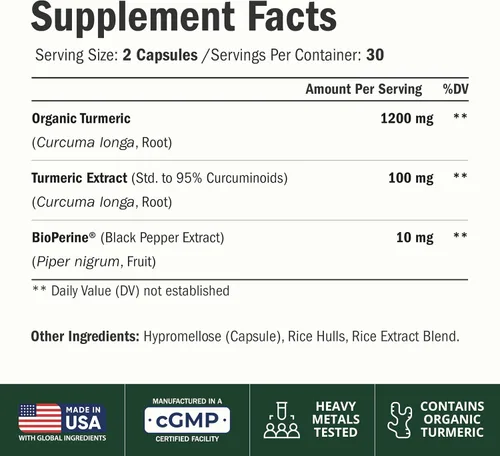 Miniatura 2 de Suplemento de curcumina de cúrcuma con extracto de pimienta negra, cúrcuma orgánica de alta potencia, 1200 mg y 95% curcuminoides para la salud