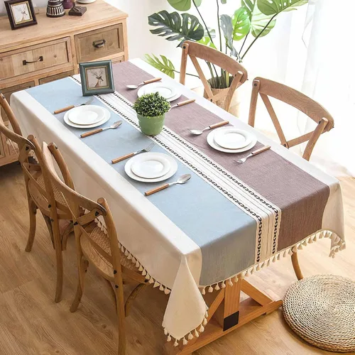 Pahajim Mantel Rectangular a Rayas con Borlas Mantel Grueso de Lino y Algodón para Picnic al Aire Libre, Comedor y Decoración de Cocina para Fiestas