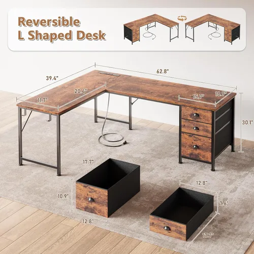 Miniatura 3 de Furologee 63" L Shaped Computer Desk with Power Outlet & USB-C Port, Reversible Home Office Desk with 2 Fabric Drawers, File Cabinet, Hooks, Large