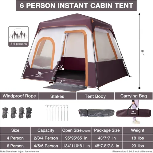 Miniatura 3 de CAMEL CROWN 4/6 Person Instant Cabin Tent, Pop Up Windproof Tents for Camping, 60-Second Setup Family Tent with Carry Bag for Outdoor Hiking Uva rojo