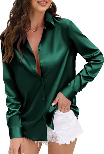 Miniatura 20 de CUNLIN Camisas de satén de seda suave con botones de leopardo para mujer, camisa de trabajo de manga larga de seda, blusas de vestir, tops