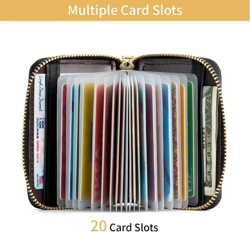 Miniatura 5 de WOZEAH Tarjetero de cuero para mujer, cartera con bloqueo RFID, con cremallera, tarjetero, para negocios, Negro, Sólido