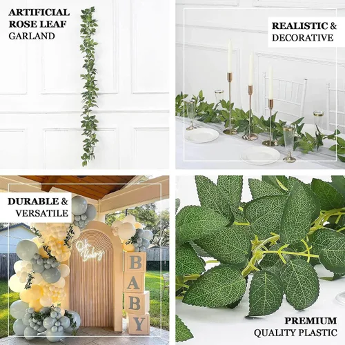 Miniatura 4 de Efavormart 6 pies Guirnalda de hojas de rosa de seda artificial verde de toque real, vid de follaje verde colgante flexible Tipo 13