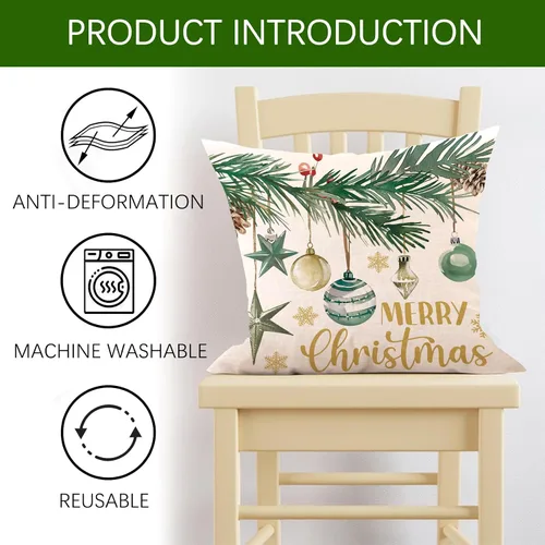 Miniatura 4 de Juego de 4 fundas de almohada decorativas de árbol de pino de Navidad de 18 x 18 pulgadas, bolas de alegría de Navidad, copos de nieve dorados