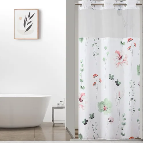 Miniatura 11 de QiyI Cortina de ducha de flores con forro a presión, cortina de baño de tela floral de acuarela azul beige, cortinas de ducha sin gancho con ventana