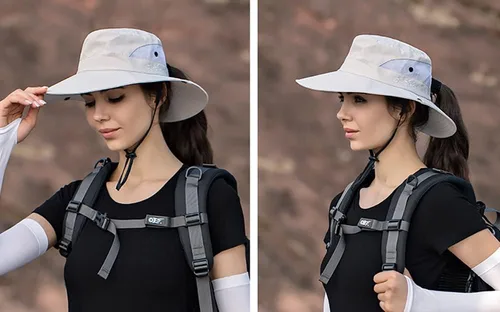 Miniatura 10 de Sombrero de sol de verano para mujer, cola de caballo – Protección UV de malla de ala ancha plegable con agujero para cola de caballo