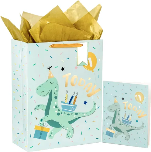 WRAPAHOLIC Bolsa de regalo extra grande de 16.5 pulgadas con tarjeta y papel de seda, adorable diseño de dinosaurio para bebé, baby shower, fiesta