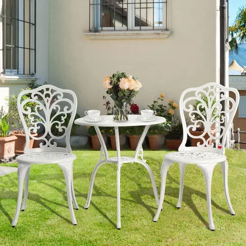 Miniatura 10 de HOMEFUN Juego de 2 mesas y sillas de bistró para exteriores, juego de 3 piezas, diseño de rosa, aluminio fundido para jardín, balcón, resistente a