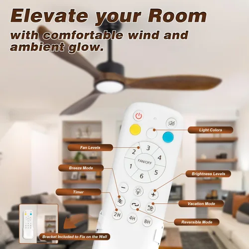 Miniatura 9 de Ventilador de techo de madera marrón de 52 pulgadas con luz y control remoto, motor de CC silencioso, 6 niveles de velocidad, luces regulables
