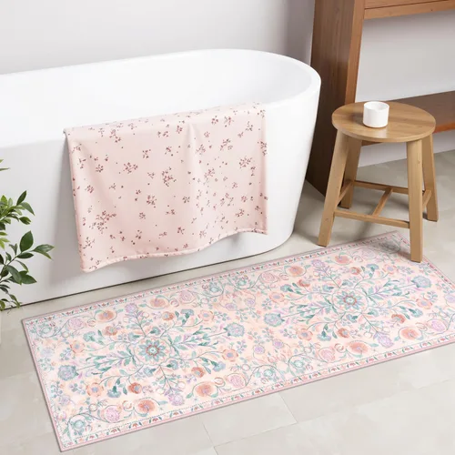 Miniatura 9 de Uphome Alfombra de baño bohemia con diseño floral beige, ultra suave, antideslizante, vintage, lavable a máquina, alfombra de baño floral para baño