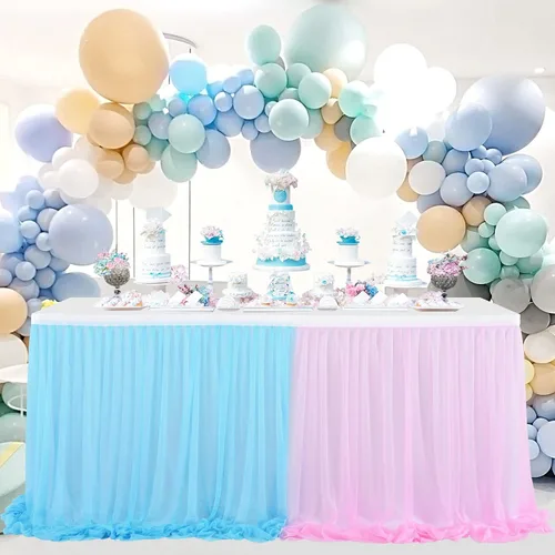 Besutolife Faldas de mesa de tul rosa y azul para revelación de género, falda de mesa tutú para baby shower, para niñas y niños, fiesta de