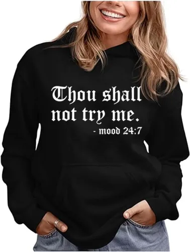 Miniatura 4 de Sudadera con capucha para mujer con texto en inglés "Thou Shall Not Try Me