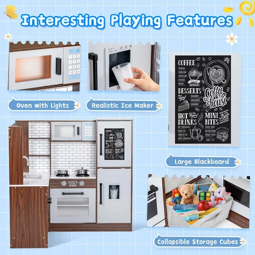 Miniatura 4 de Juego de cocina esquinera, cocina de madera con luces y sonidos, cocina grande con estufa, juguetes de cocina, microondas, horno, máquina de hielo