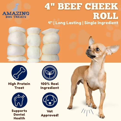 Miniatura 2 de Amazing Dog Treats - Rollos de mejillas de ternera (4 pulgadas regulares - 8 piezas) - Masticables alternativos seguros de cuero crudo para perros