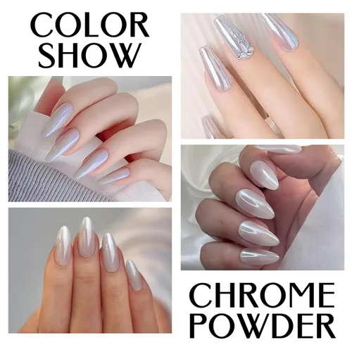 Miniatura 6 de Polvo de uñas cromado perla BISHENGYF: 【Efecto súper espejo】Polvo de uñas cromado perla blanca, transparente como el hielo, aurora cromada para arte
