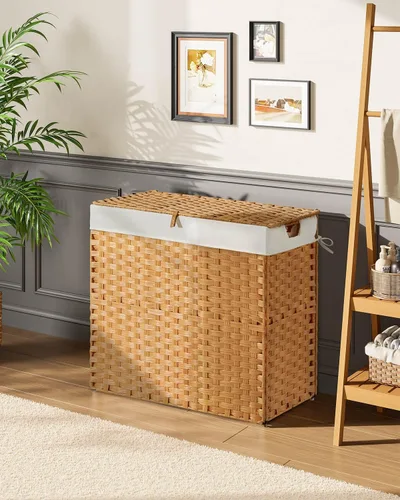 Miniatura 2 de GREENSTELL - Cesta para la ropa con tapa, 130 l, sin necesidad de instalación, cestos de mimbre plegables con 2 bolsas extraíbles, cesto