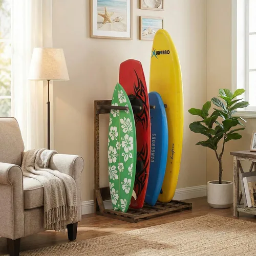 Miniatura 3 de MyGift Estante vertical independiente para tablas de surf de 4 pies de alto, estilo casa de playa, soporte de almacenamiento para tabla de remo SUP